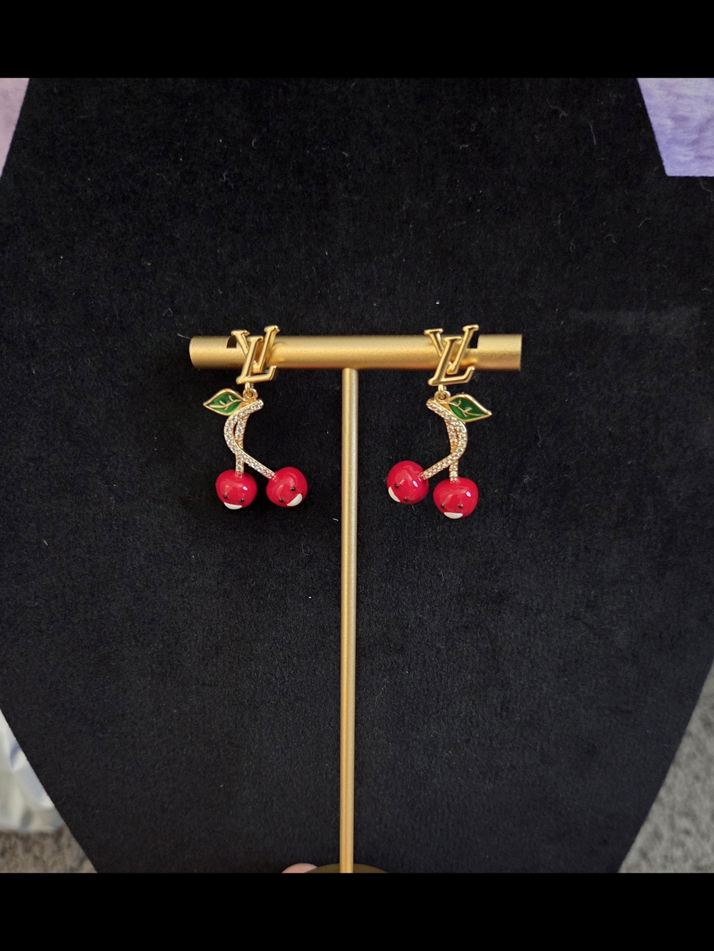 18k Gold Plate  Cherry Drop Earrings with Red Enamel